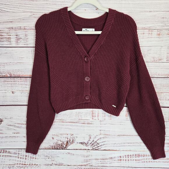 Hollister Womens Cable Knit Cardigan Crop Oversized Sweater S Burgandy Cozycore - Picture 1 of 10
